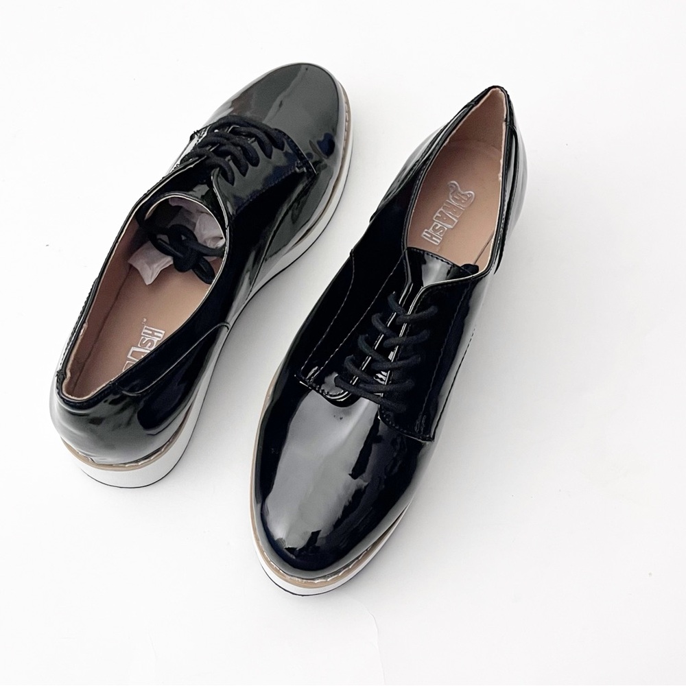 BRASH Black Faux Leather Textured Lace Up Platform Oxford Loafers 8.5 Preppy